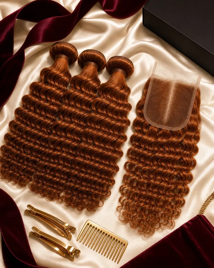 Ginger Copper Burmese Curl Bundle + Closure Deal
